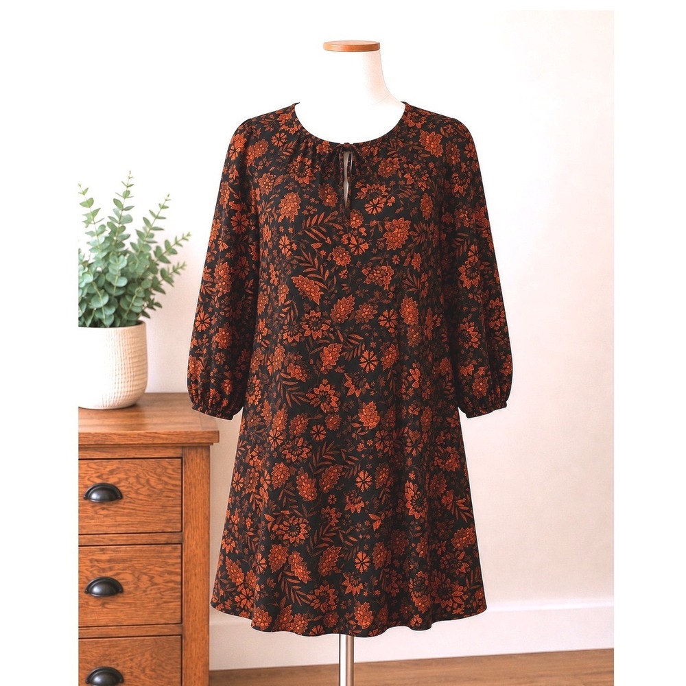 Black Tape Floral Babydoll Mini Dress Rust Orange Black 3/4 Sleeve Size Medium
